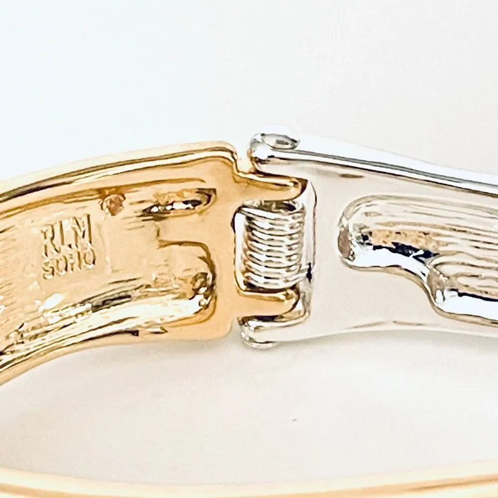 NWT Robert Lee Morris 2 Tone Gold/ Silver Criss Cross Cuff Hinge Bangle Bracelet